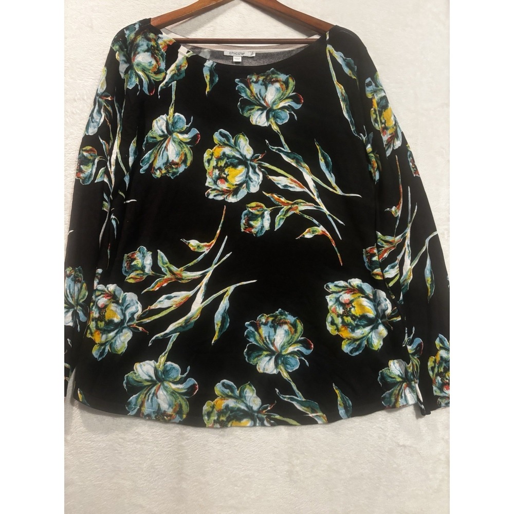 NEW Chico's Blouse 2 L Floral Impress Pullover Black Knit Pullover Sweater Green